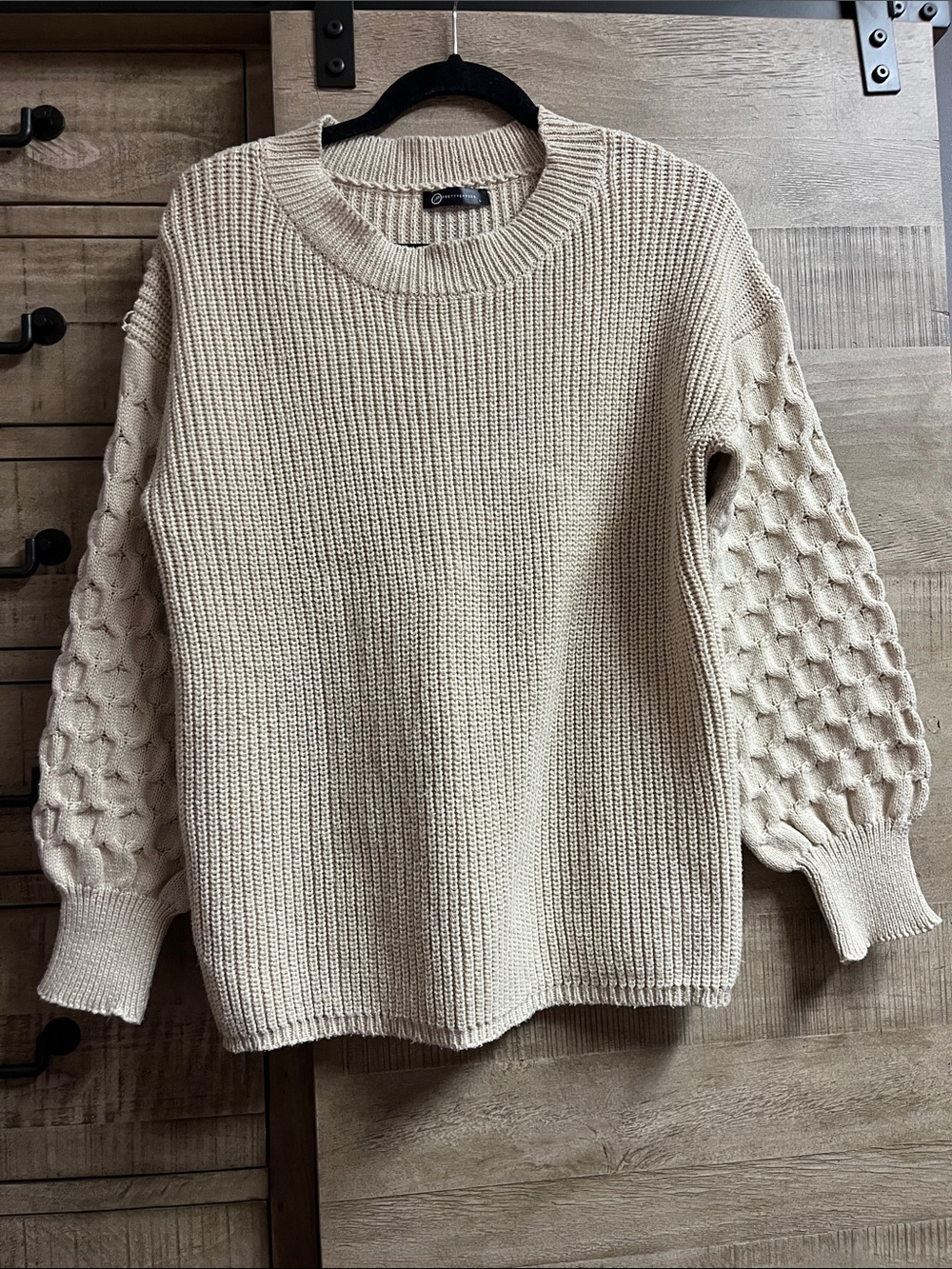 Ivory Crewneck Sweater with Textured Balloon Sleeves